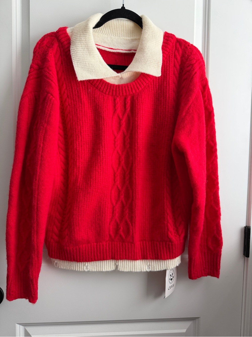 Cider Red Cable-Knit Sweater with Cream Collar
